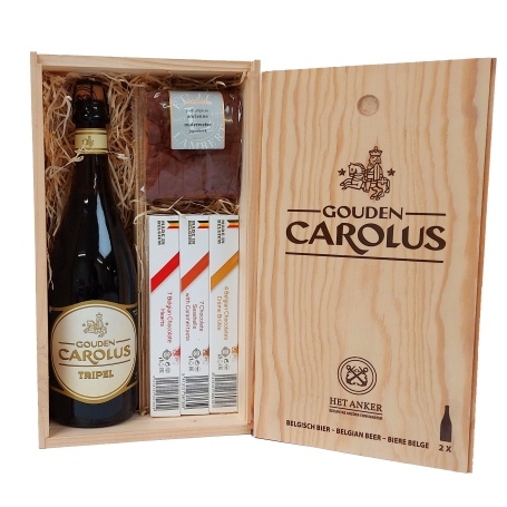 Wooden gift box with Belgian tripel and Belgian sweets
