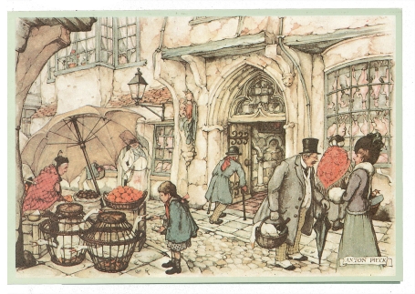 Retro kaart Anton Pieck, aan het winkelen