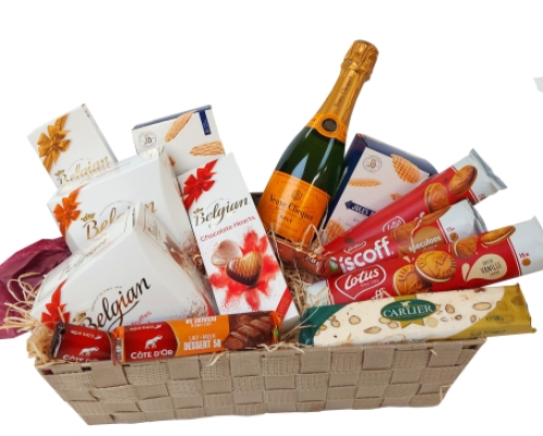 Belgische geschenkmand met Belgische producten en Veuve Clicquot leveren